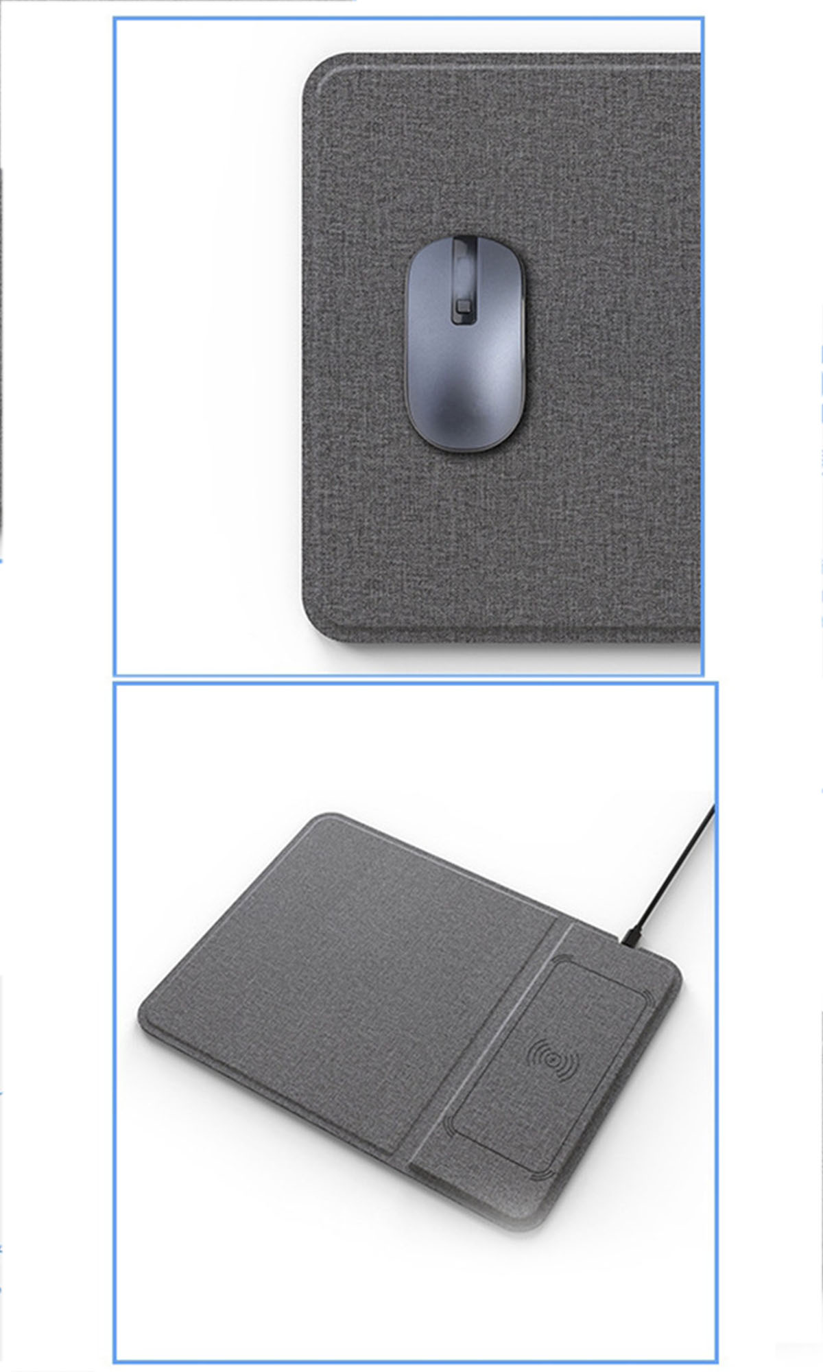 Eine graue Maus und ein Mauspad. Die Maus ist obenauf. Das Mauspad hat einen Ladebereich für Telefone.