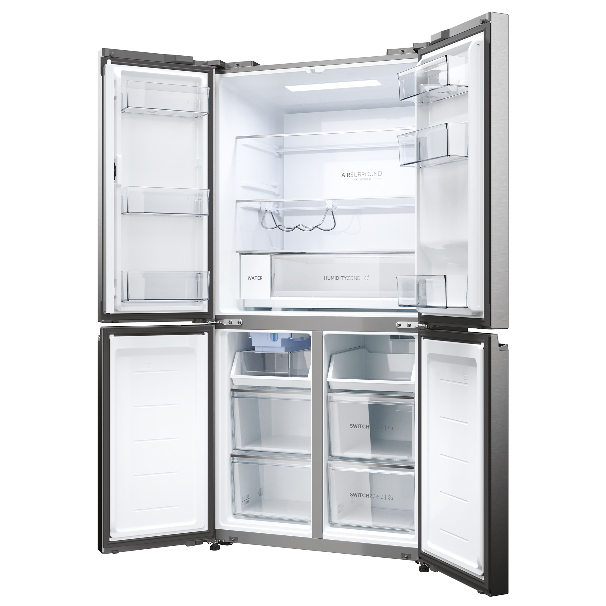 Ein Kühlschrank aus Edelstahl mit geöffneten Türen, die Regale und Schubladen freigeben.