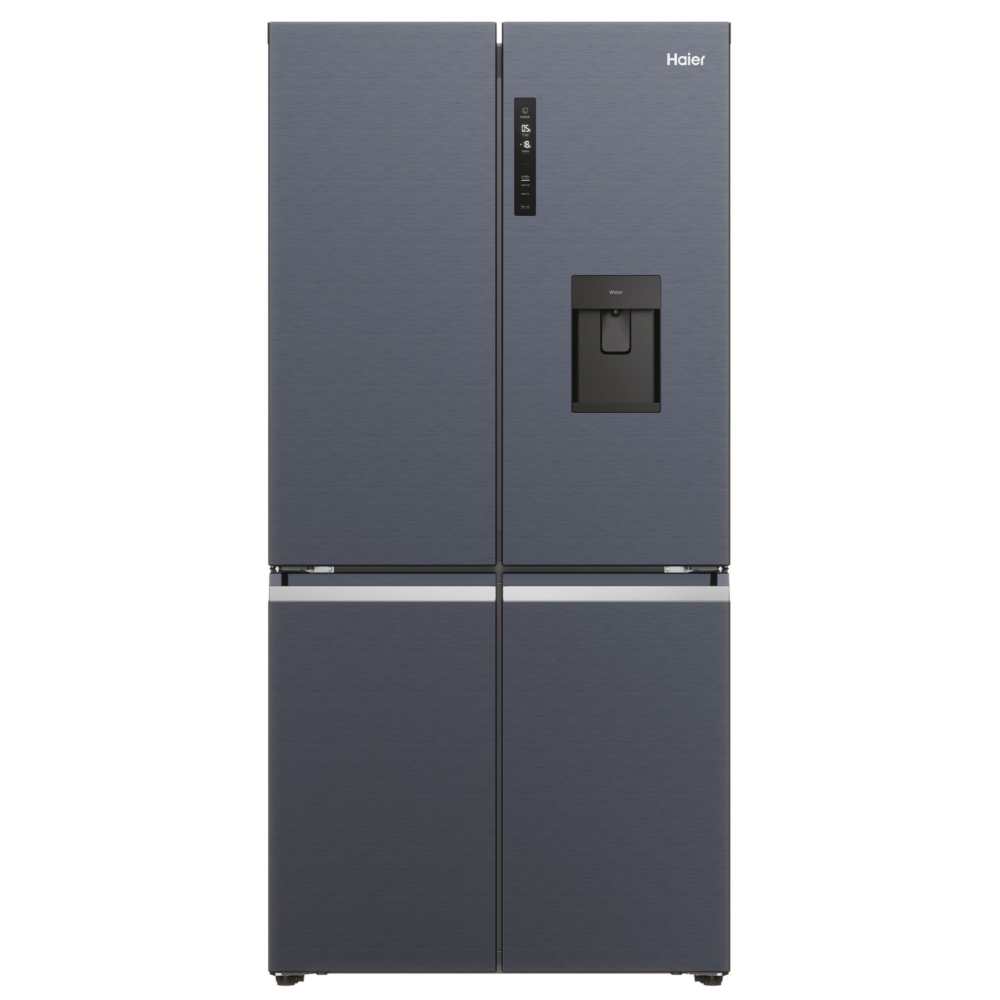 Ein dunkelgrauer Haier-Kühlschrank mit vier Türen. Er hat einen Wasserspender und ein Bedienfeld.