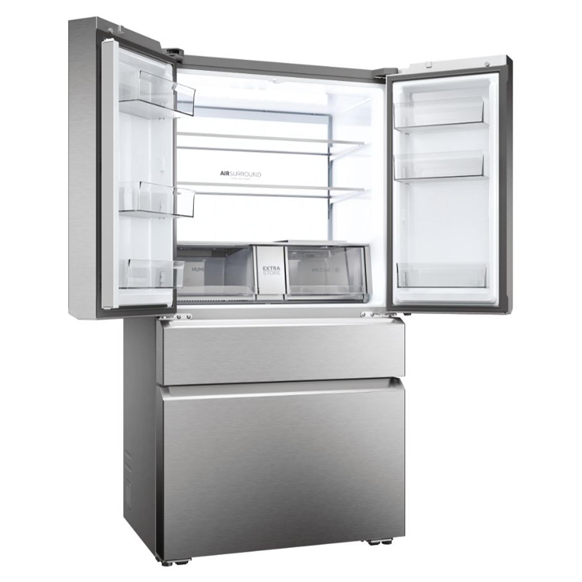 Kühlschrank mit geöffneten Türen, zeigt Innenfächer.