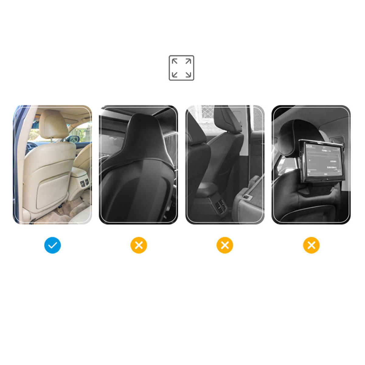 Auto Innenraum Bilder: beiger Sitz, schwarze Sitze und ein Bildschirm mit Tablethalterung. Nur beiger Sitz genehmigt.