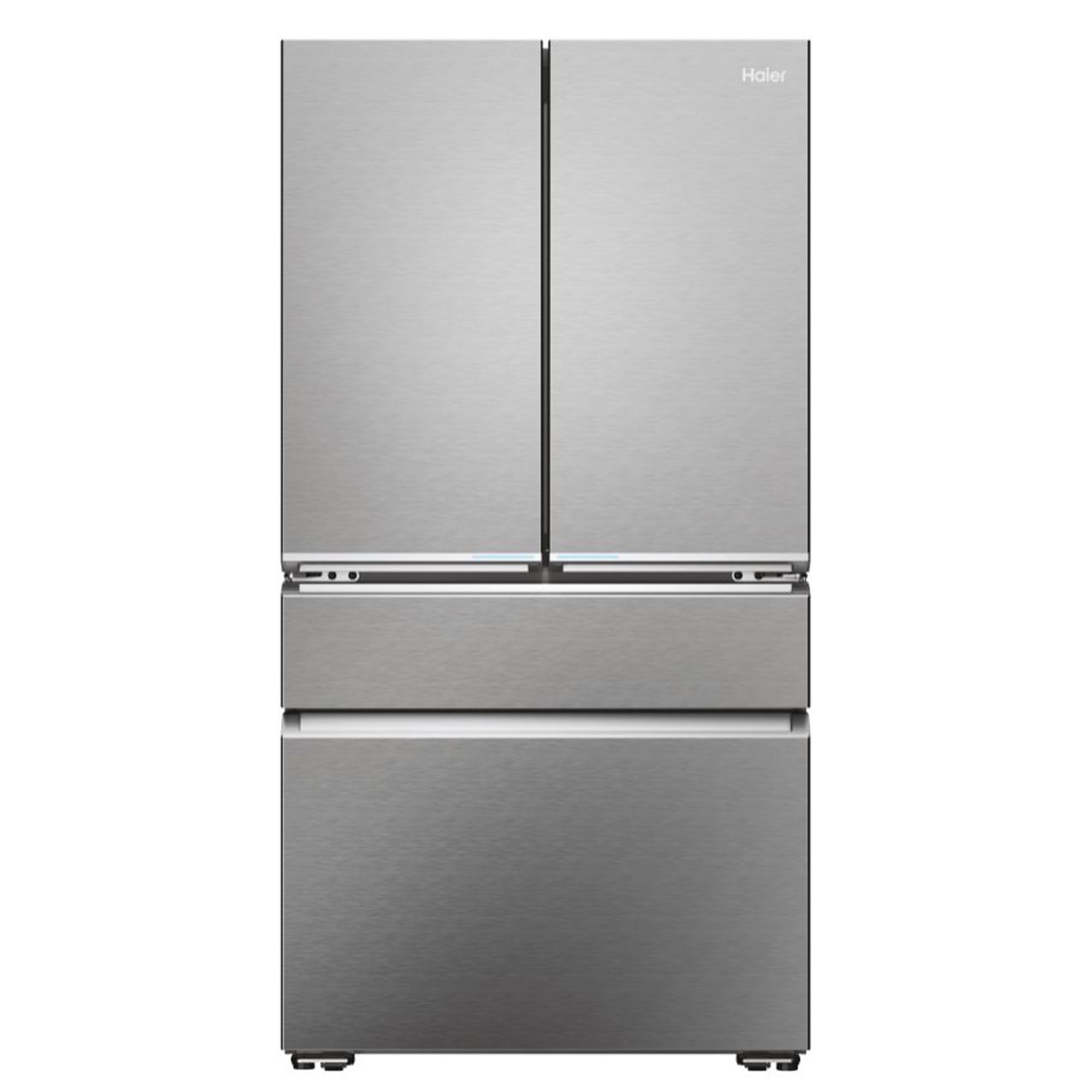 Edelstahl Haier Kühlschrank. Zwei Türen oben, zwei Schubladen unten.