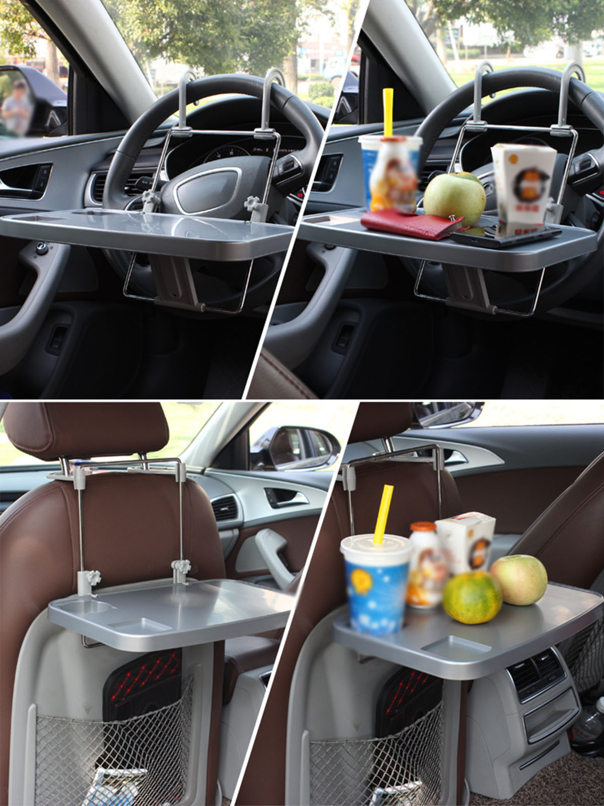 Mehrere Bilder eines Autotischs mit Essen und Getränken darauf.