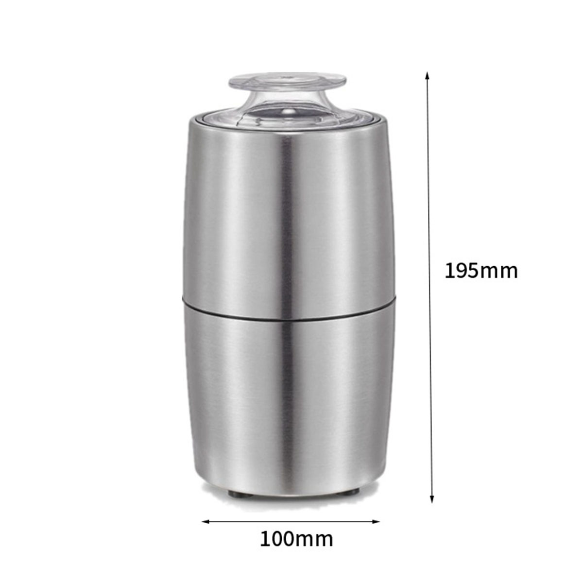 Ein zylindrischer Eiszerkleinerer aus Edelstahl mit einem transparenten Deckel.
