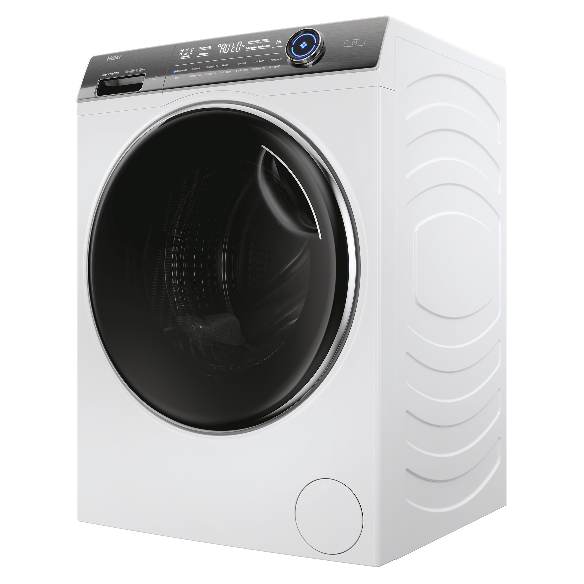 Weiße Haier-Waschmaschine, schwarze Tür. Schräge Ansicht, isoliert auf weißem Hintergrund.