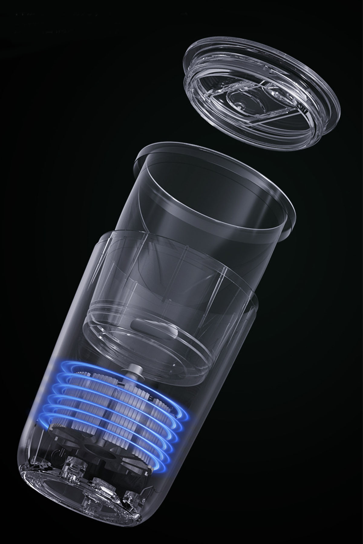 Transparente Flasche mit blauen Lichtern, Deckel ab, auf schwarzem Hintergrund.