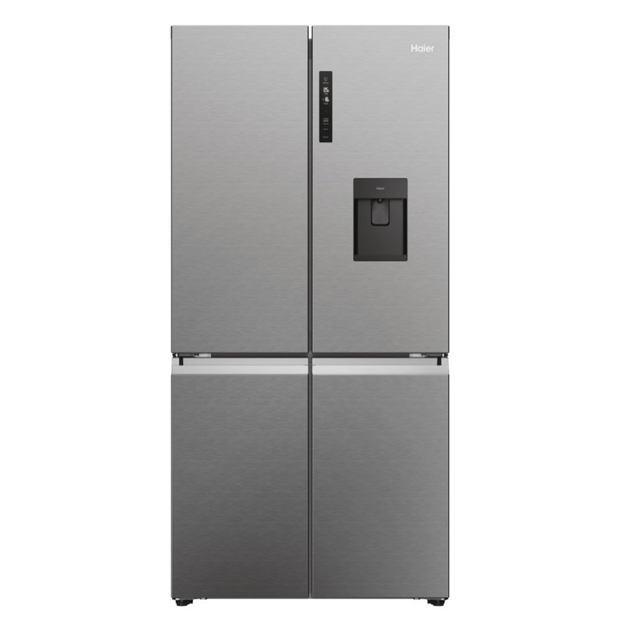 Frigorifero Haier in acciaio inox a quattro porte su sfondo bianco.