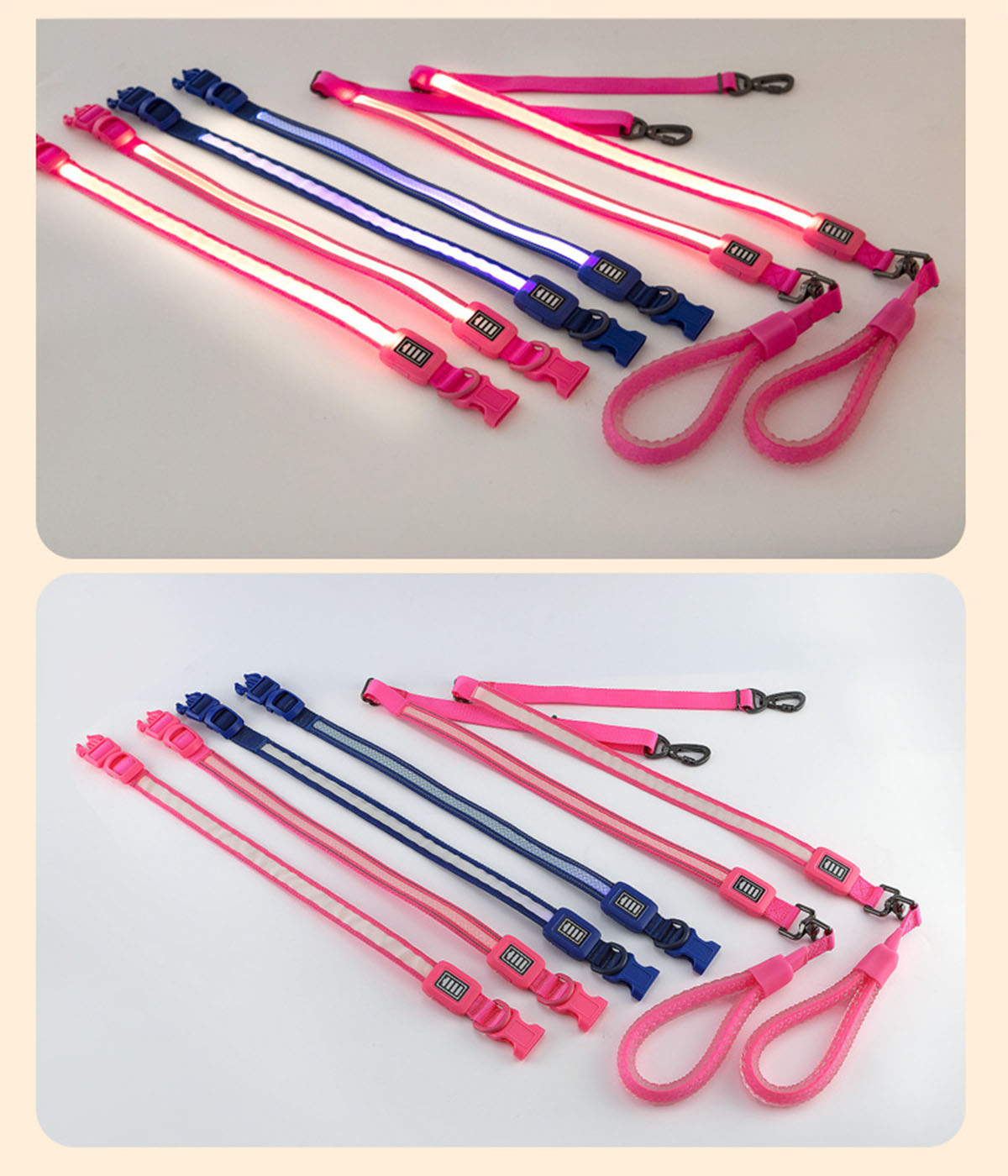 Mehrere rosa und blaue Hundeleinen mit Lichtern und Griffen, auf Weiß angeordnet.