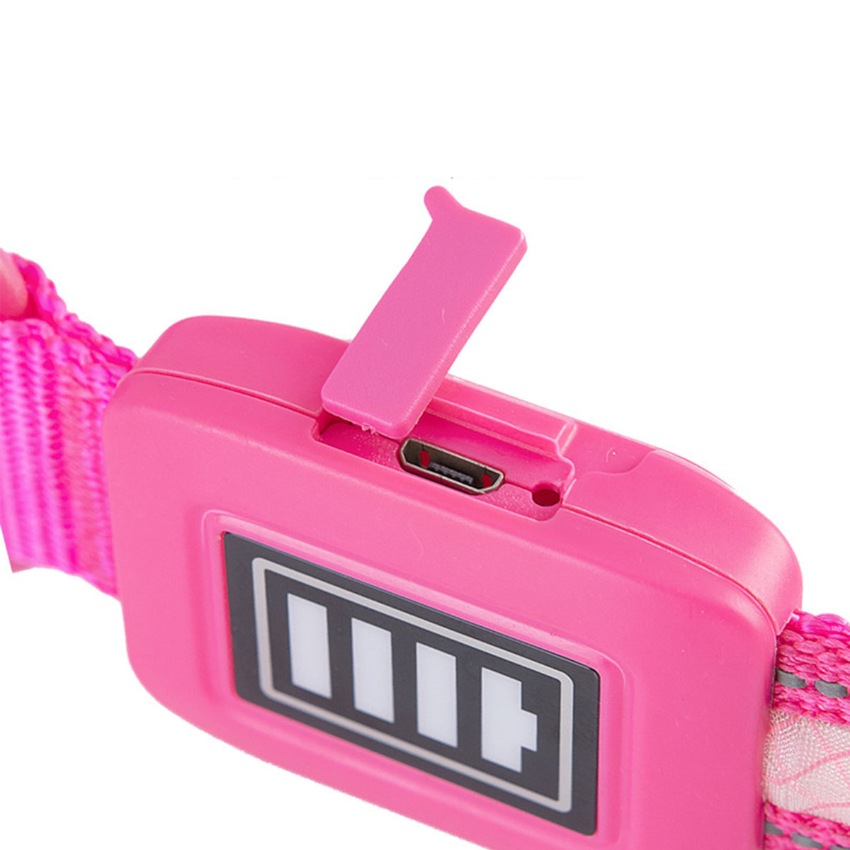 Pinkes Hundehalsband mit Ladeanschluss, Akkusymbol und Ladeklappe.