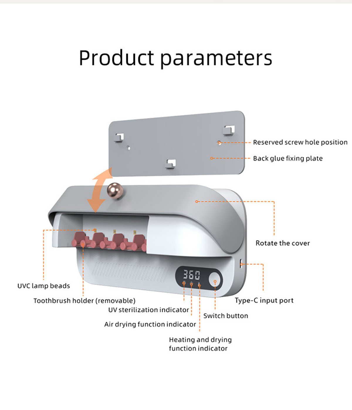 Diagramm eines Produkts mit Etiketten, einschließlich eines Zahnbürstenhalters und eines Schalters.