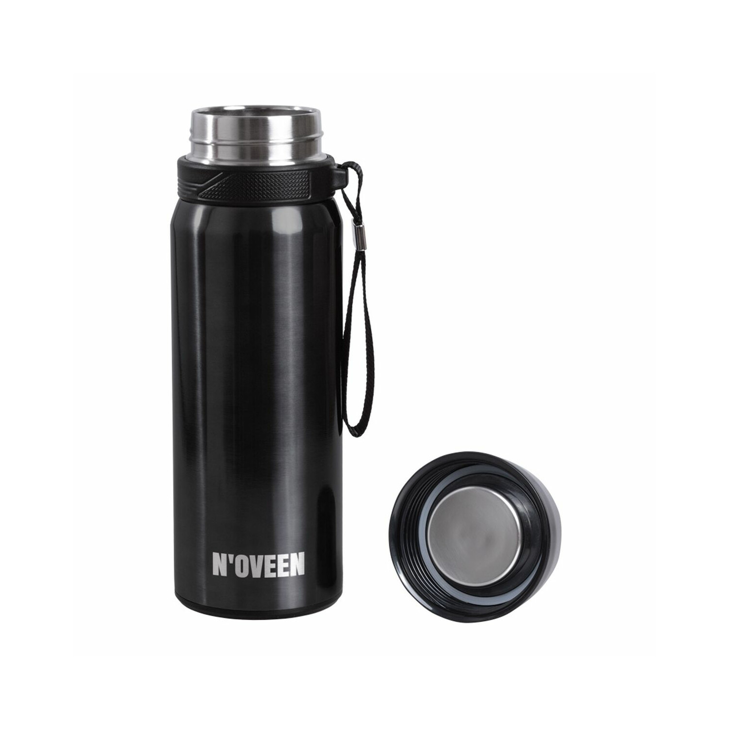 Schwarze isolierte Wasserflasche mit silbernem Deckel, offener Deckel daneben.