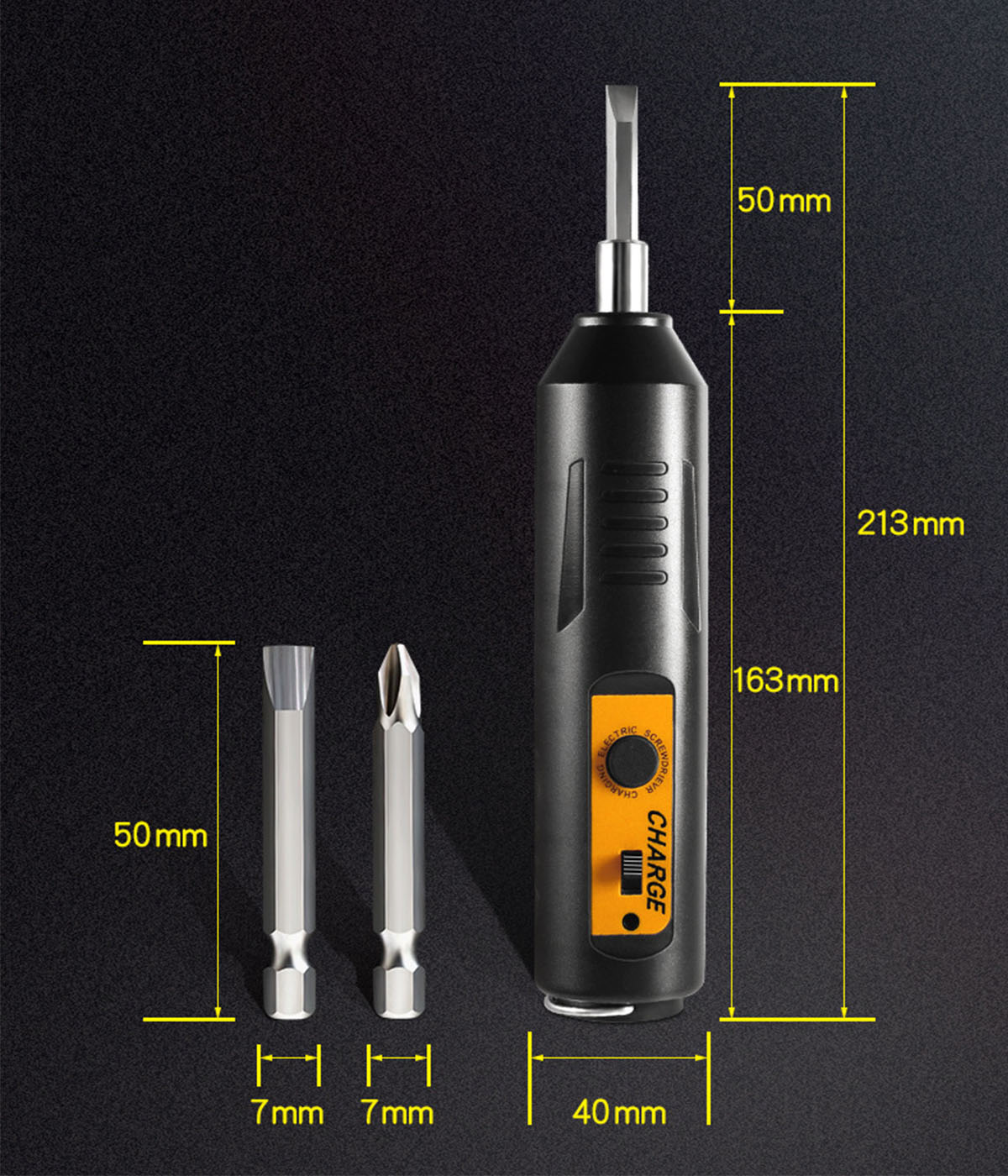 Ein Elektroschrauber mit zwei Bits von je 50 mm. Abmessungen: 213 mm Höhe, 40 mm Breite und 163 mm.