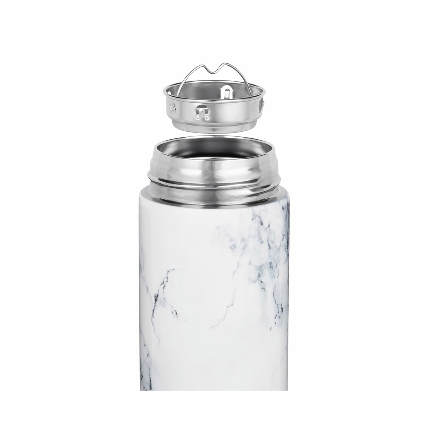 Weiße Marmor-Wasserflasche mit abgenommenem Deckel. Deckel ist silber. Flasche ist zylindrisch.