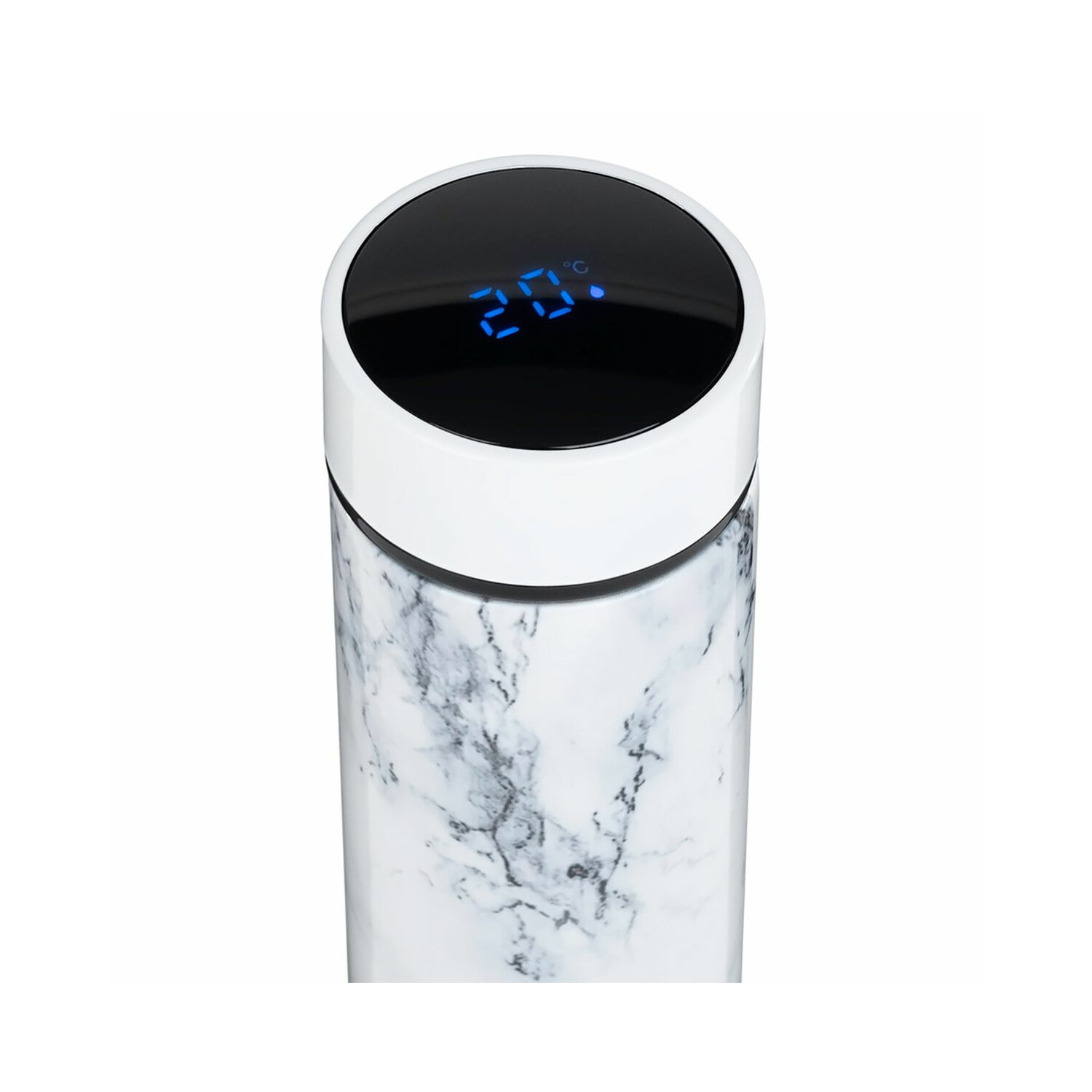 Isolierte Wasserflasche in Weiß und Marmormuster, mit schwarzem Digitaldisplay, das die Temperatur anzeigt.