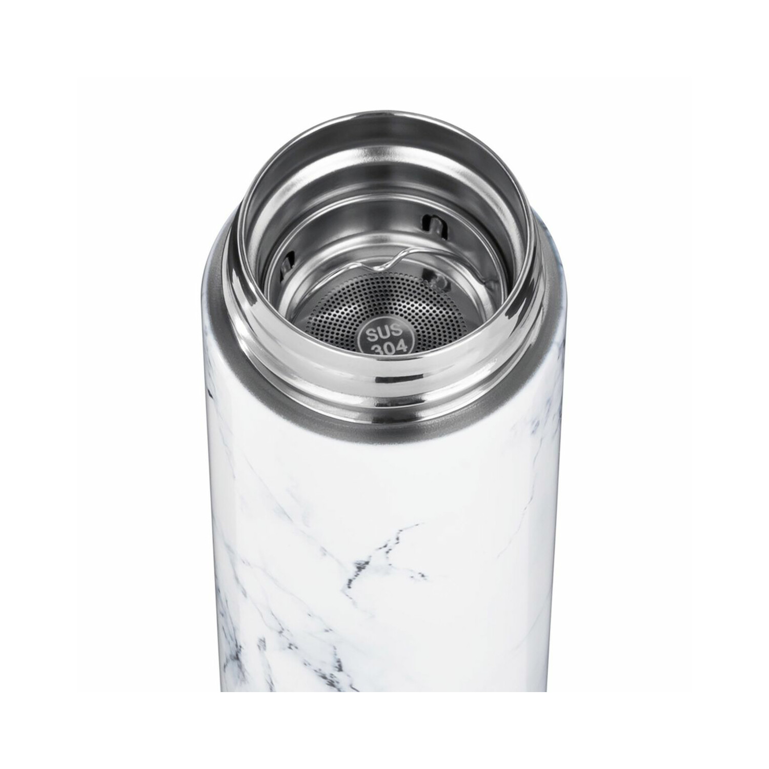 Nahaufnahme einer weißen Wasserflasche mit Marmormuster und Edelstahl-Innenraum.