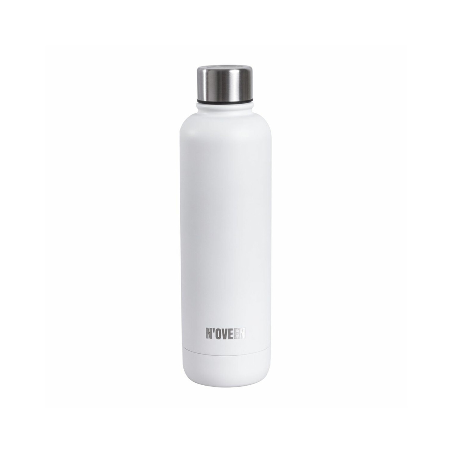 Weiße Wasserflasche mit silbernem Deckel. Die Flasche ist zylindrisch und hat einen silbernen Boden.