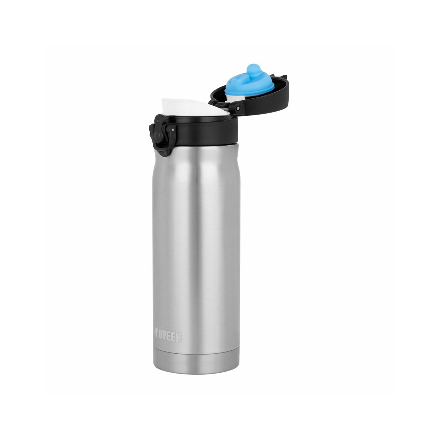 Silberne Wasserflasche mit schwarzem und blauem Deckel, offener Deckel.