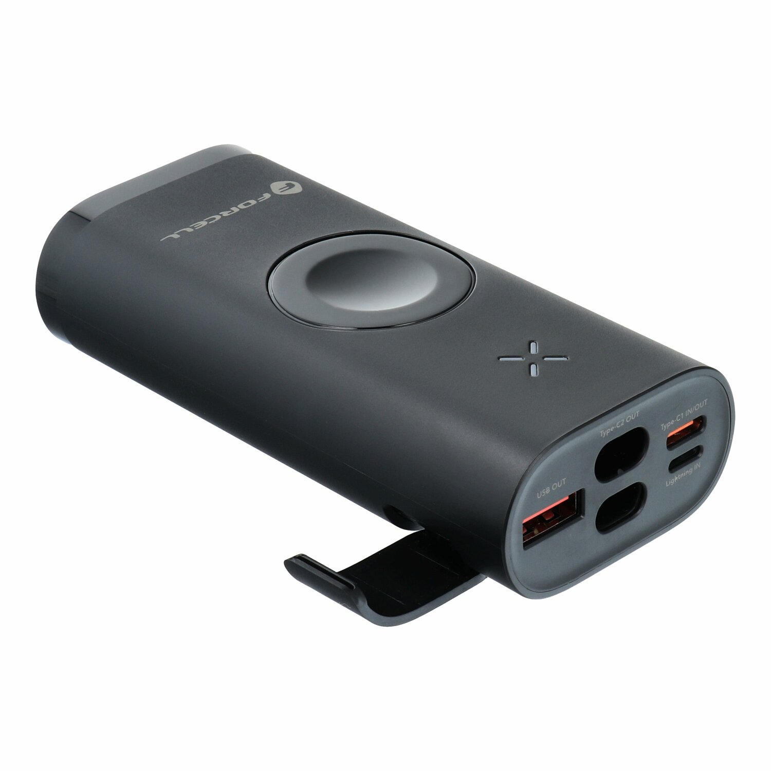 Schwarze Powerbank mit Knopf und Anschlüssen. Es hat USB- und Typ-C-Anschlüsse zum Aufladen von Geräten.