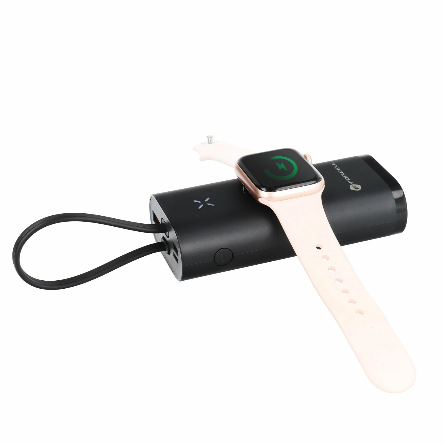 Schwarzes Apple Watch Ladegerät mit einer Apple Watch oben drauf.