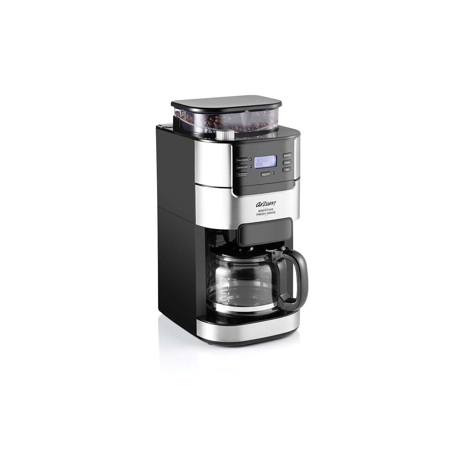 Schwarz-silberne Kaffeemaschine mit Glaskaraffe und Bohnenbehälter oben drauf.