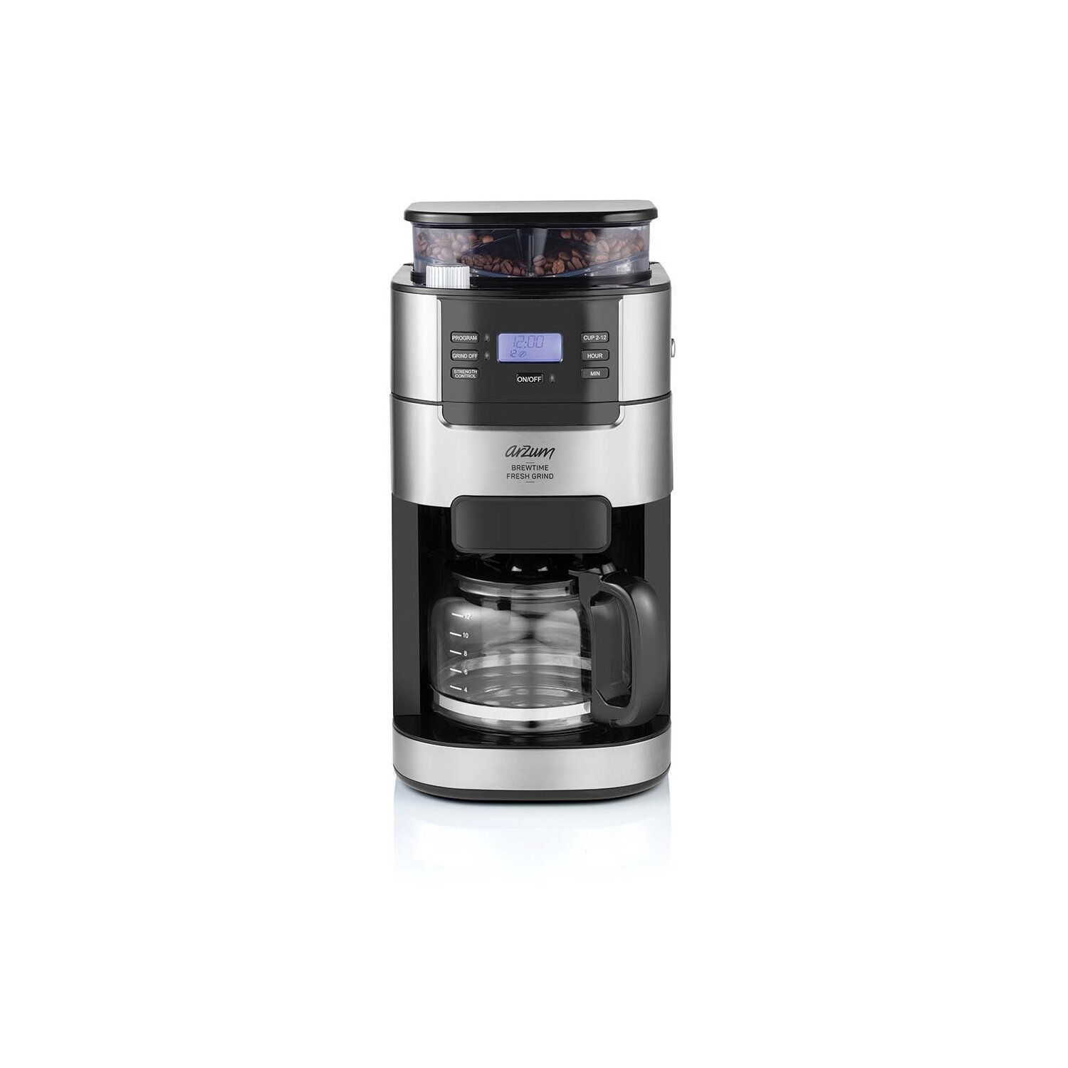 Kaffeemaschine mit Kaffeebohnenbehälter. Sie hat ein digitales Display und Knöpfe.