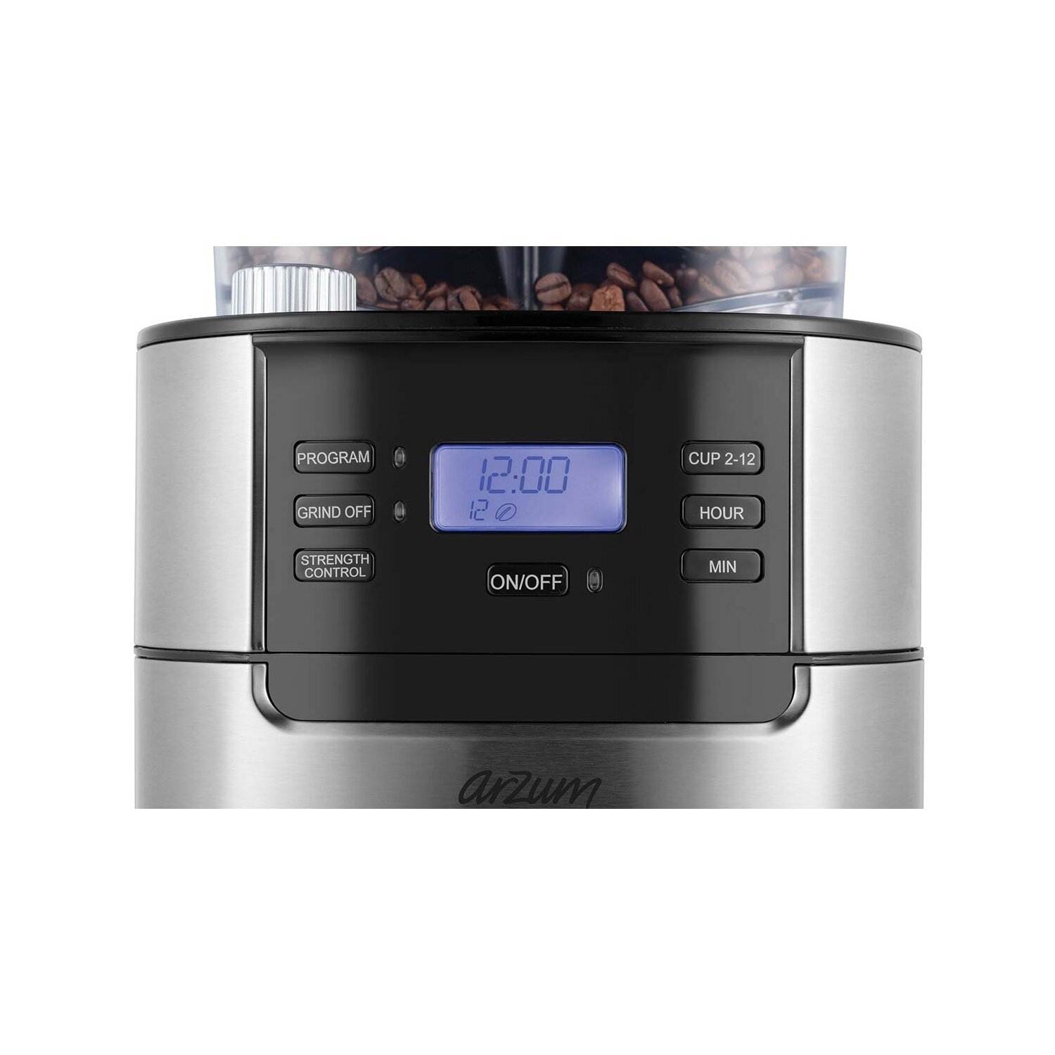 Kaffeemaschinen-Bedienfeld mit Digitaluhr 12:00, Tasten für Einstellungen und Kaffeebohnen.