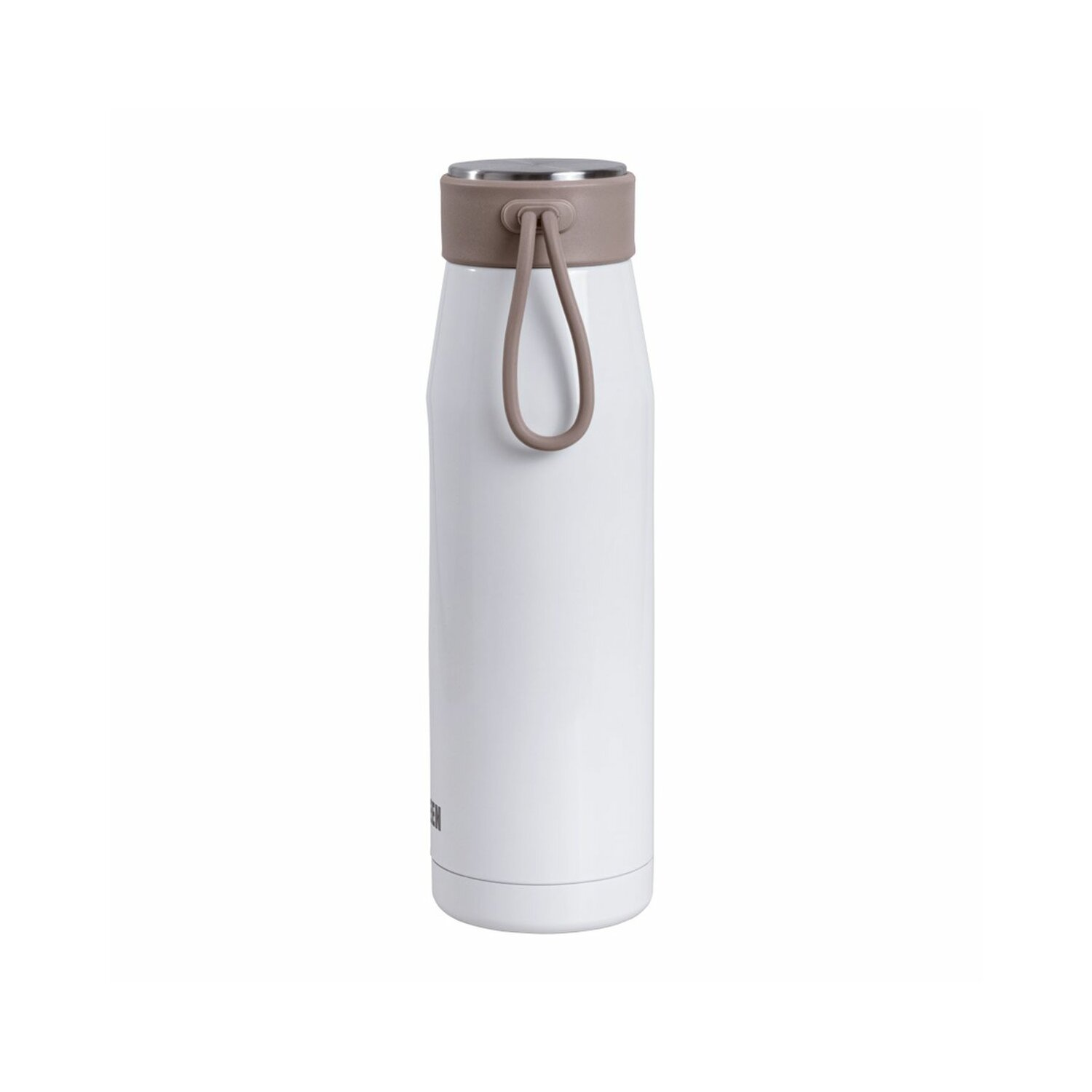 Weiße Wasserflasche mit grauem Deckel und Riemen. Sie hat ein kleines Logo am Boden. Weißer Hintergrund.