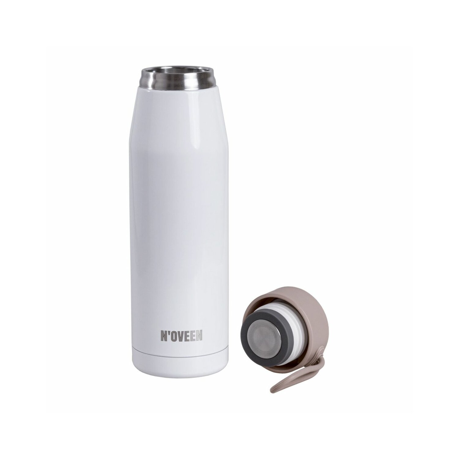Eine weiße Wasserflasche mit silbernem Deckel und einem separaten, braunen Deckel.