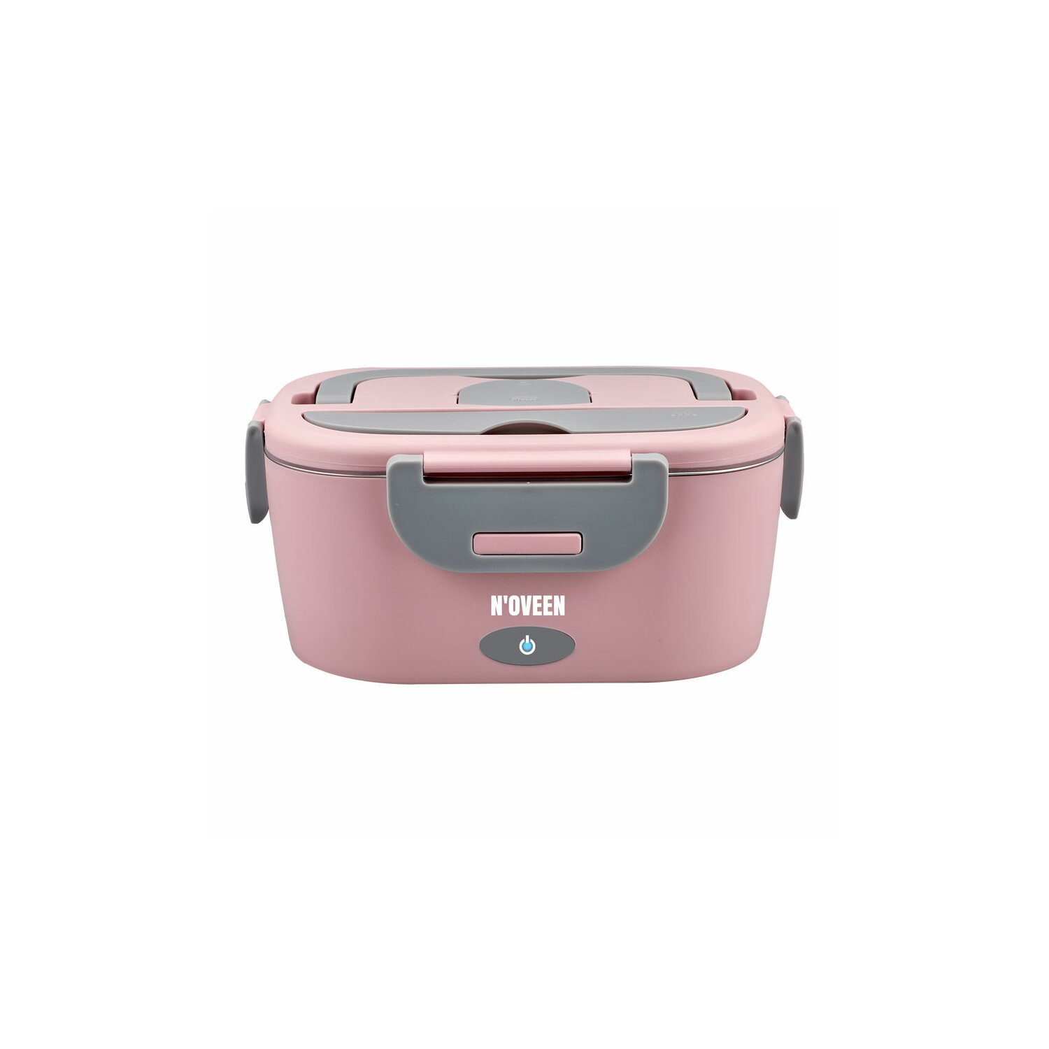 Portapranzo rosa con coperchio grigio e pulsante di accensione, isolato su sfondo bianco.