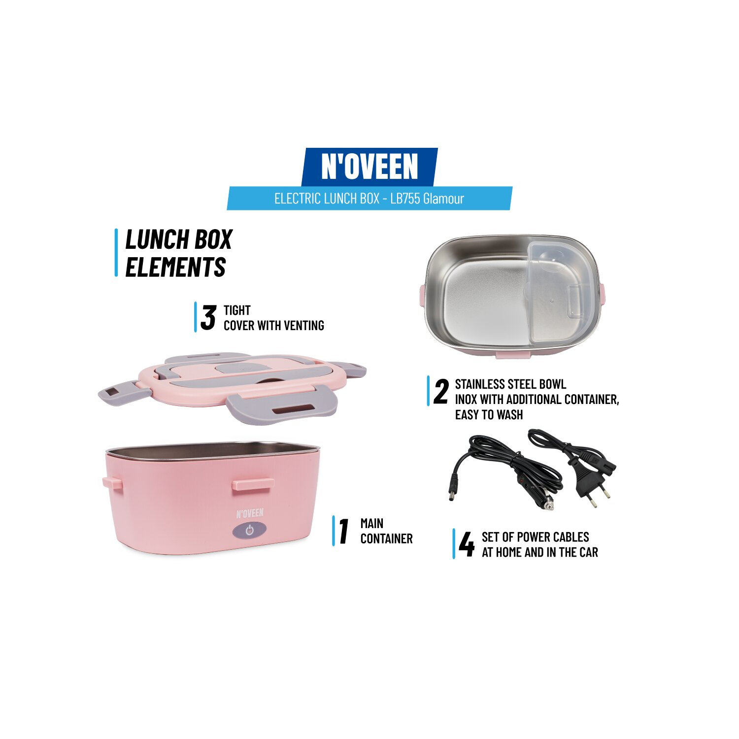 Contenitore per il pranzo elettrico rosa con componenti: contenitore, ciotola, coperchio e cavi di alimentazione.