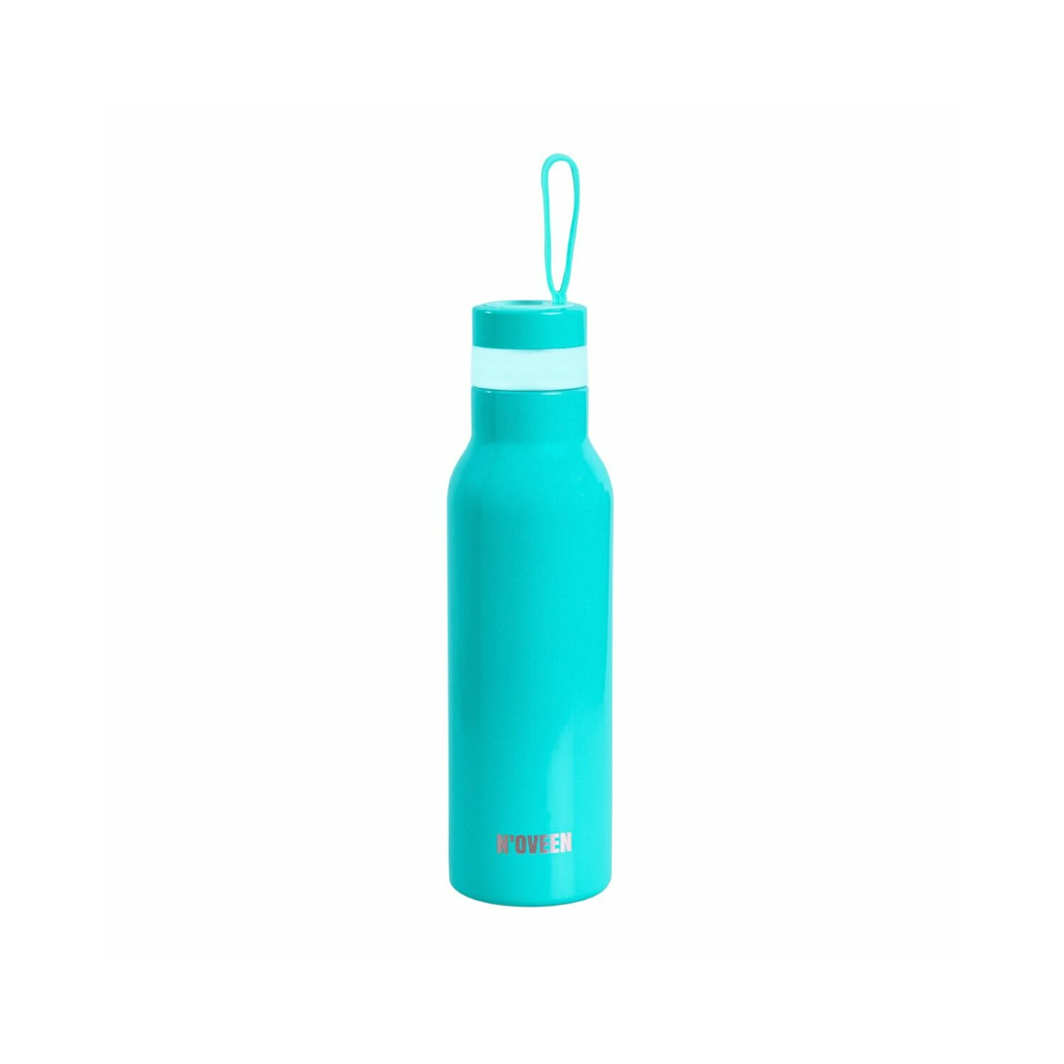 Türkisgrüne Wasserflasche mit weißem Band und türkisfarbener Schlaufe. Weißer Hintergrund.