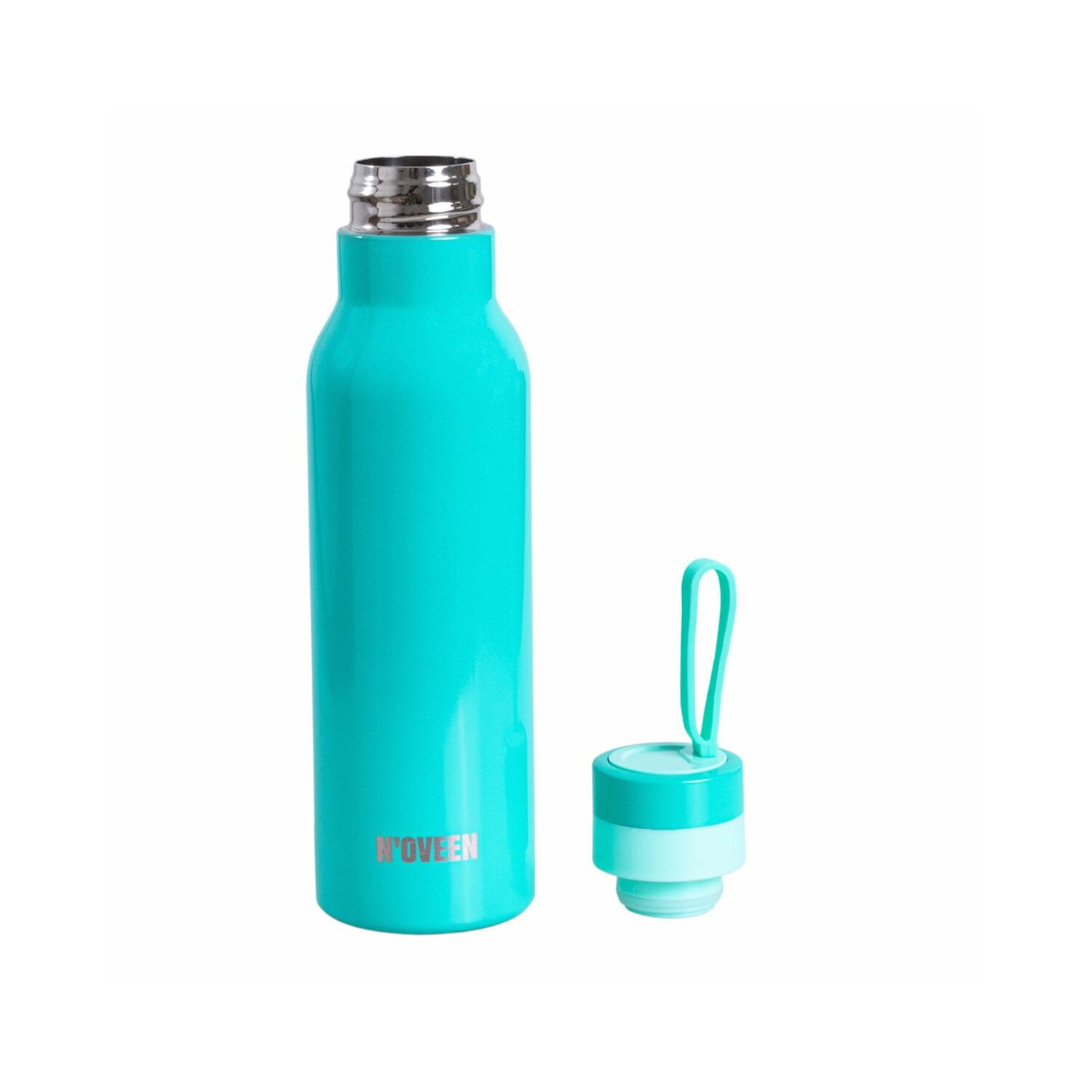 Eine türkisfarbene Wasserflasche ohne Verschluss, mit dem Logo 'MOVEEN' an der Seite.