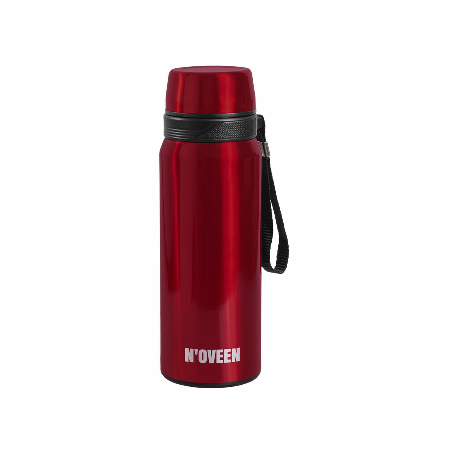 Eine rote Thermosflasche mit schwarzem Deckel und schwarzem Riemen wird vor weißem Hintergrund gezeigt.
