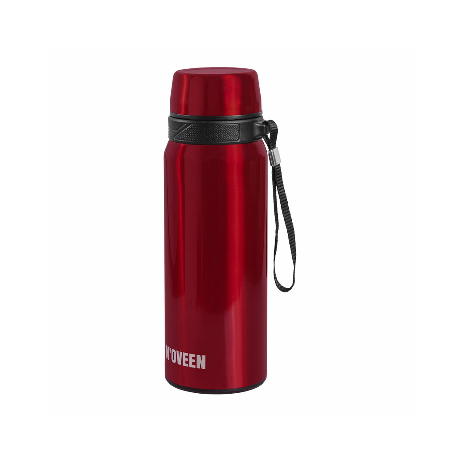 Rote Wasserflasche mit schwarzen Akzenten und einem schwarzen Riemen. Die Flasche hat das Wort 'NOVEEN'.