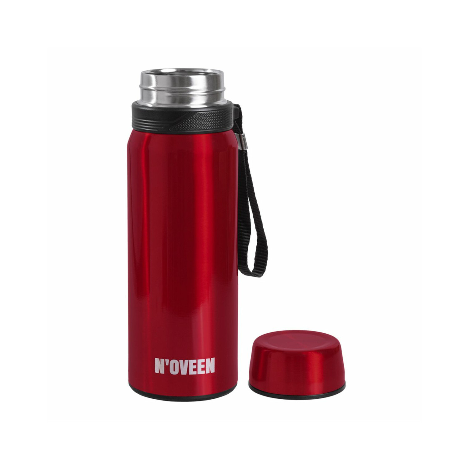 Rote Thermosflasche mit schwarzem Riemen und roter Kappe. Der Text 'N'OVEEN' ist sichtbar.