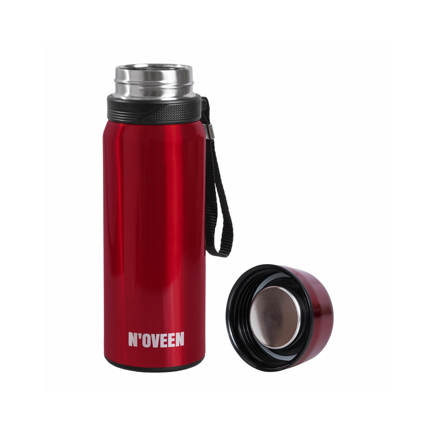 Rote Thermoskanne mit abgenommenem Deckel, schwarzem Riemen. Markenname: N'OVEEN. Glänzende Oberfläche.