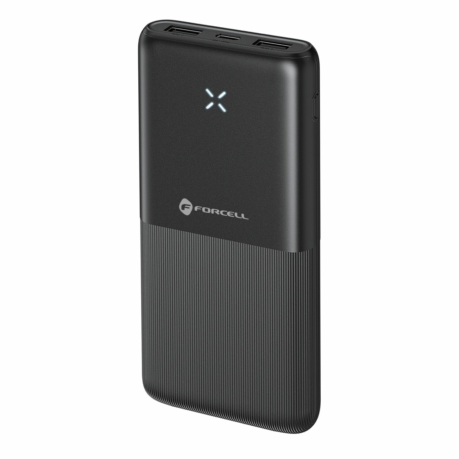 Schwarze Powerbank mit leuchtendem X-Logo und geripptem Design.
