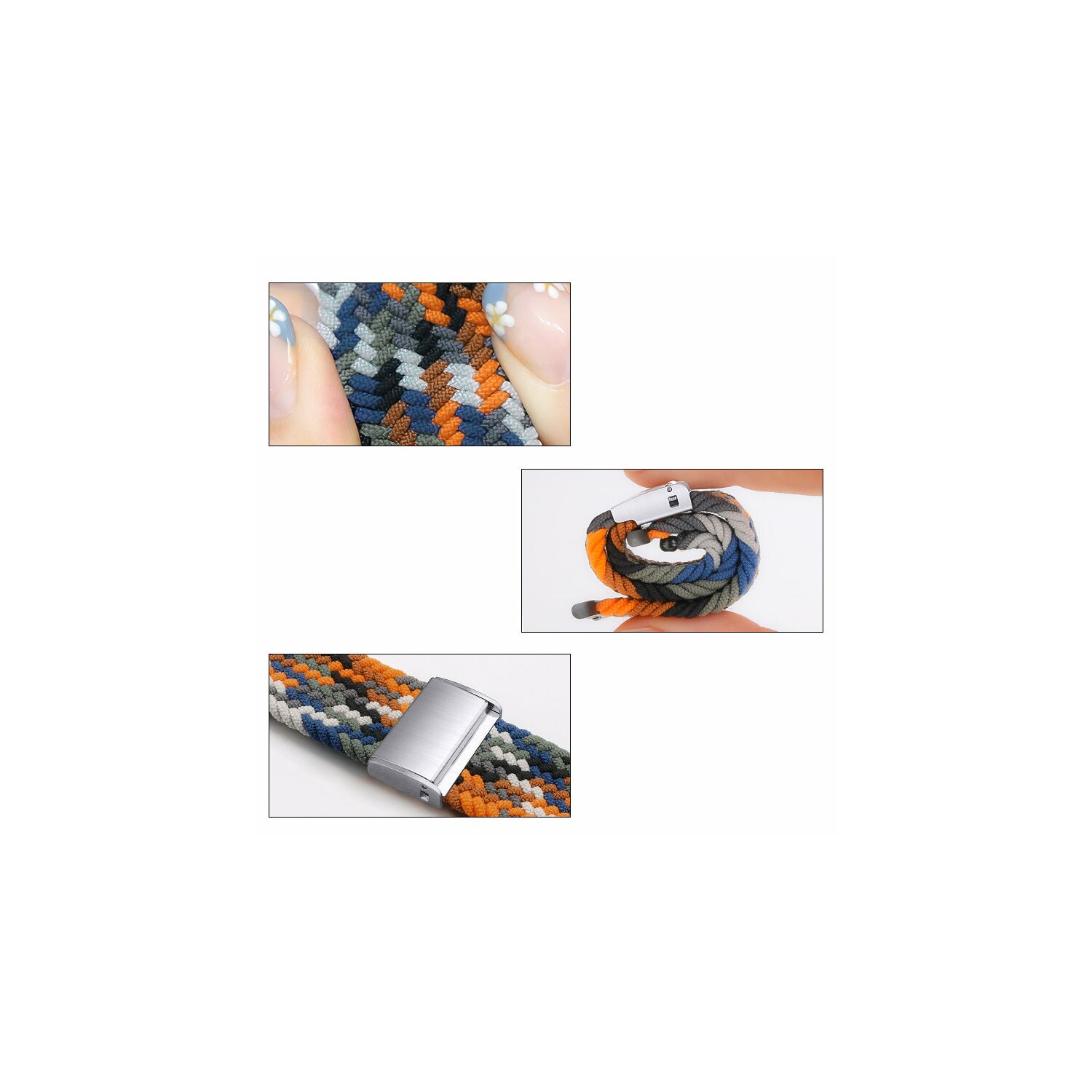 Nahaufnahmen eines geflochtenen Uhrenarmbands mit Details zum Material und Verschluss.