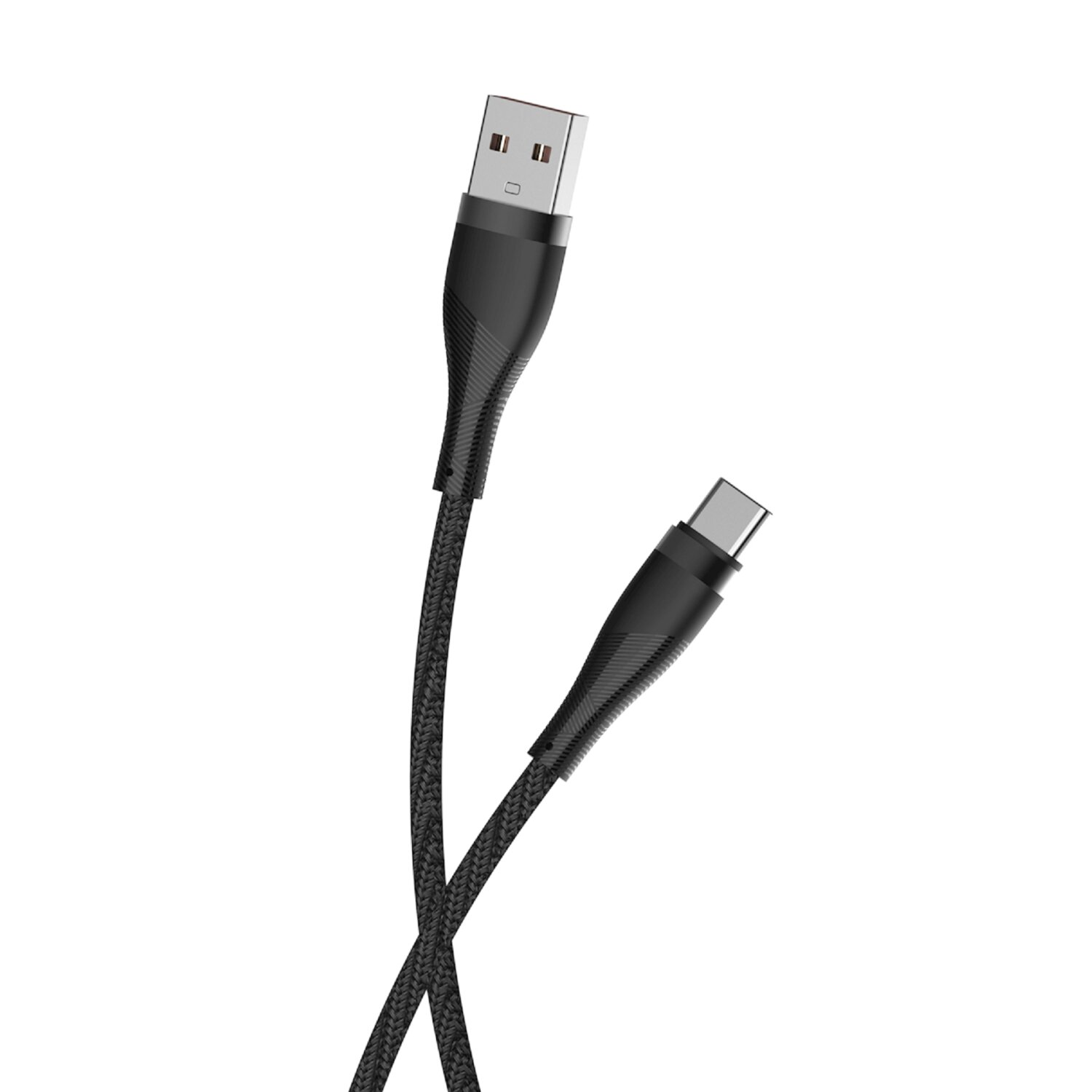 Schwarzes USB-Kabel mit USB-A- und USB-C-Anschlüssen. Das Kabel ist geflochten.