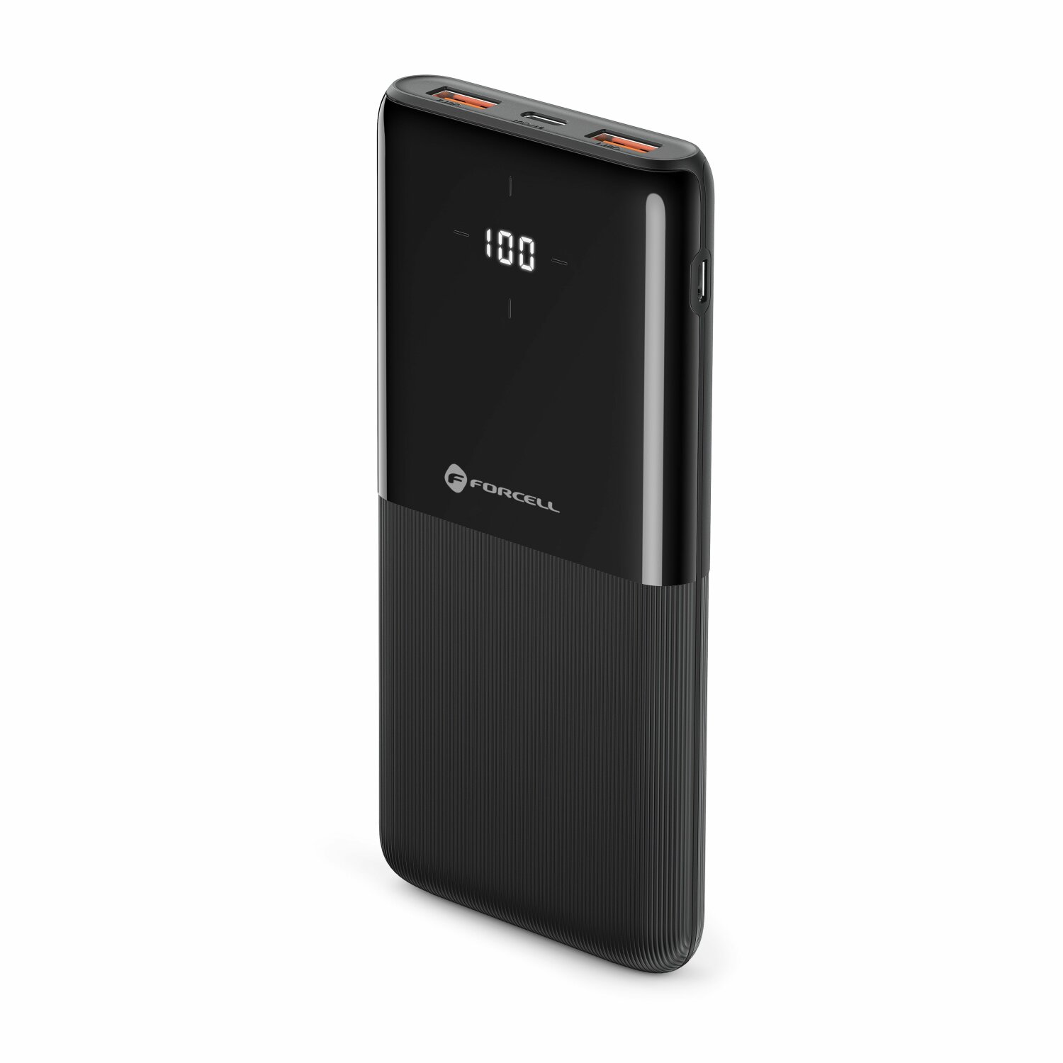 Schwarze Powerbank mit Digitalanzeige '100'. Schwarzer, gerippter Unterteil.