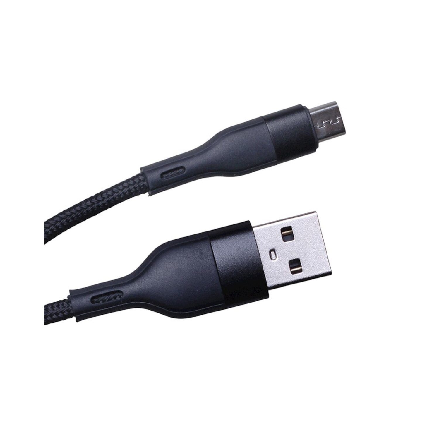 Schwarzes geflochtenes USB-Kabel mit einem USB-A-Anschluss und einem Micro-USB-Anschluss.