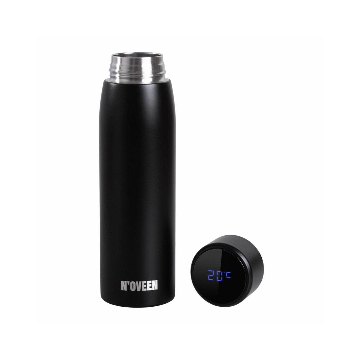 Schwarze Wasserflasche mit Digitalanzeige auf dem Deckel, die 20°C anzeigt, auf weißem Hintergrund.