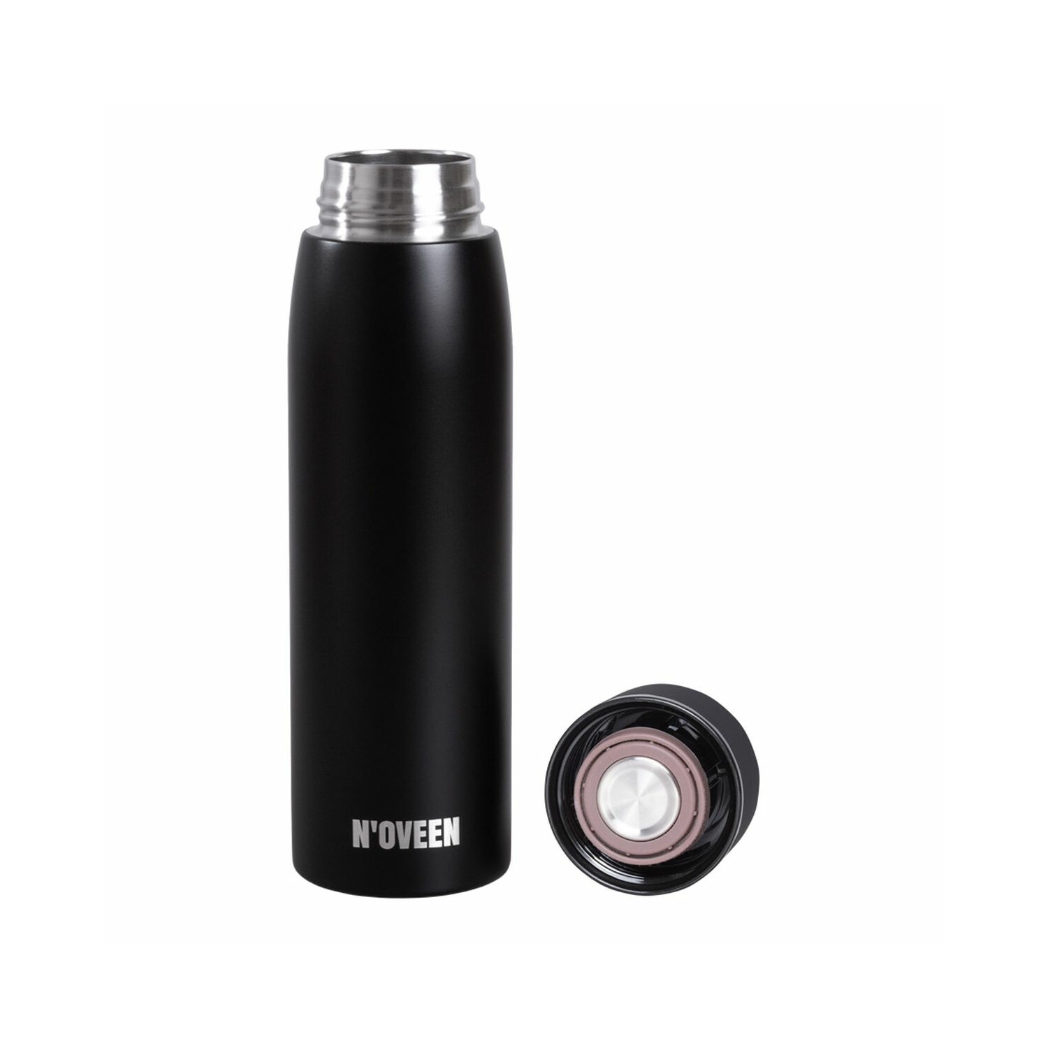 Schwarze Wasserflasche mit silbernem Deckel und abgenommenem Verschluss, mit 'N'OVEEN' aufgedruckt.