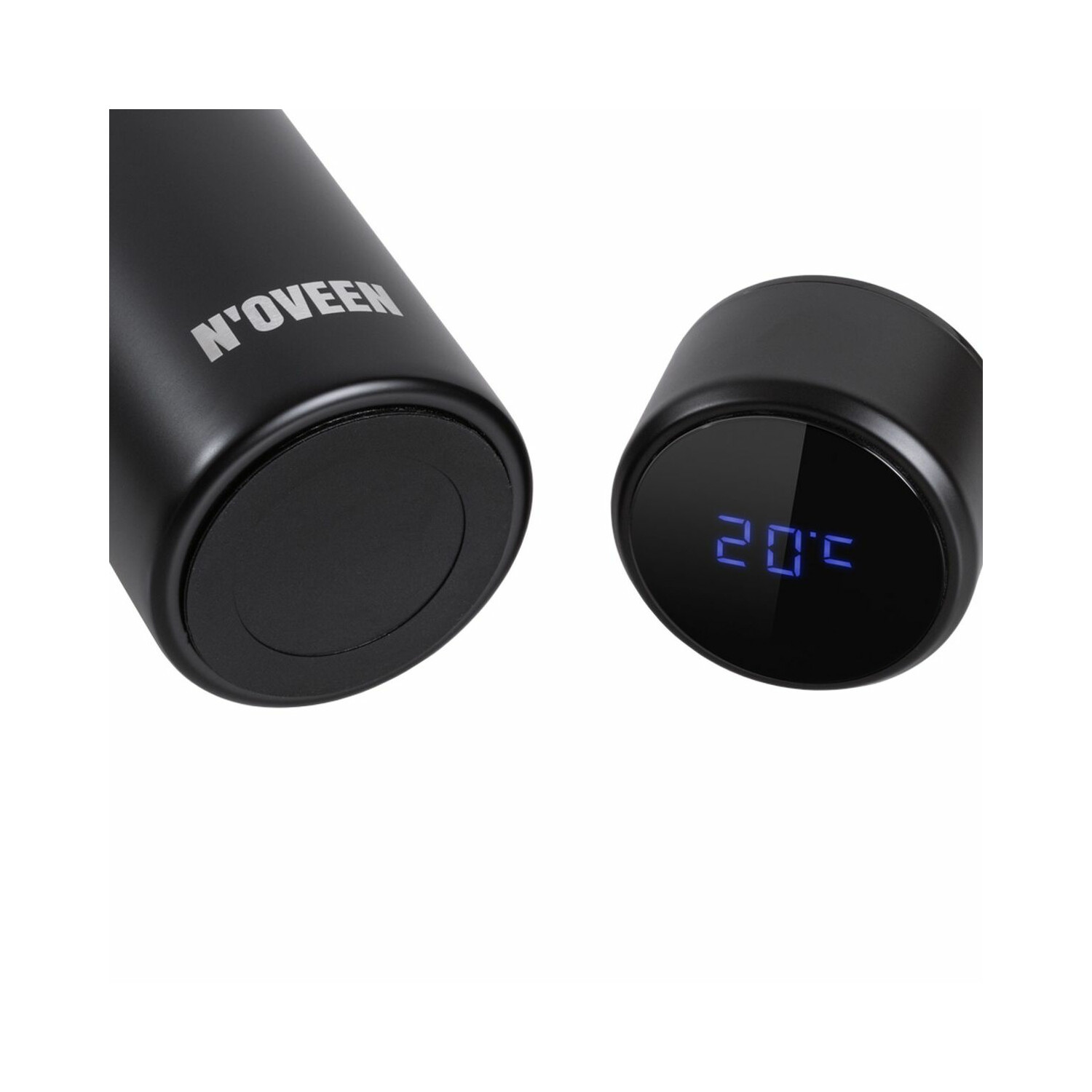 Eine schwarze Wasserflasche mit digitaler Temperaturanzeige auf dem Deckel, zeigt 20,5 an.