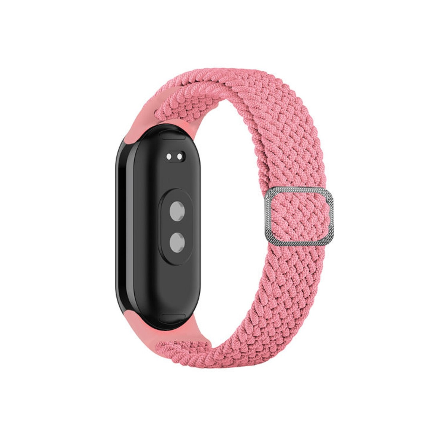 Ein rosa gewebtes Armband mit einem schwarzen Fitnesstracker und einer silbernen Schnalle.
