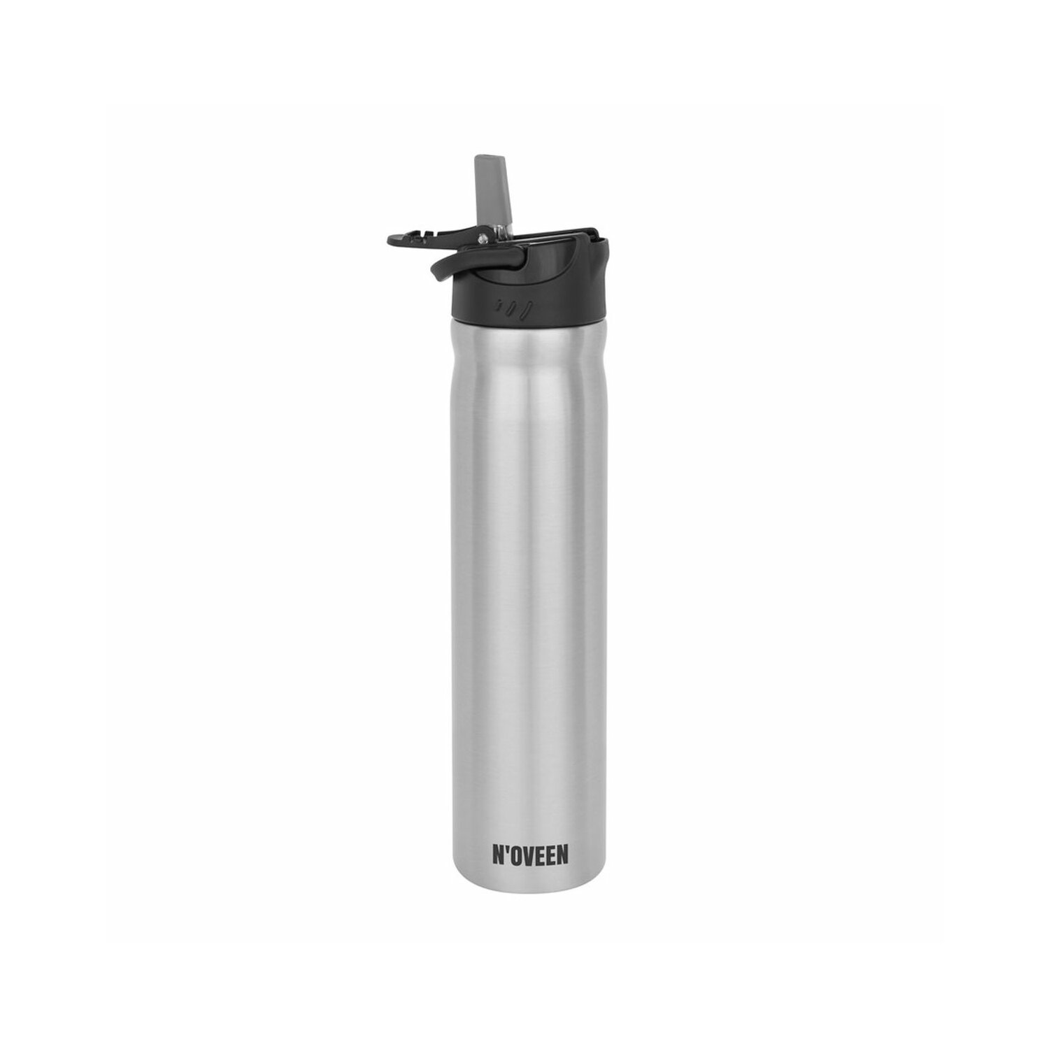 Silberne Wasserflasche mit schwarzem Deckel und dem Text 'N'OVEEN' aufgedruckt.