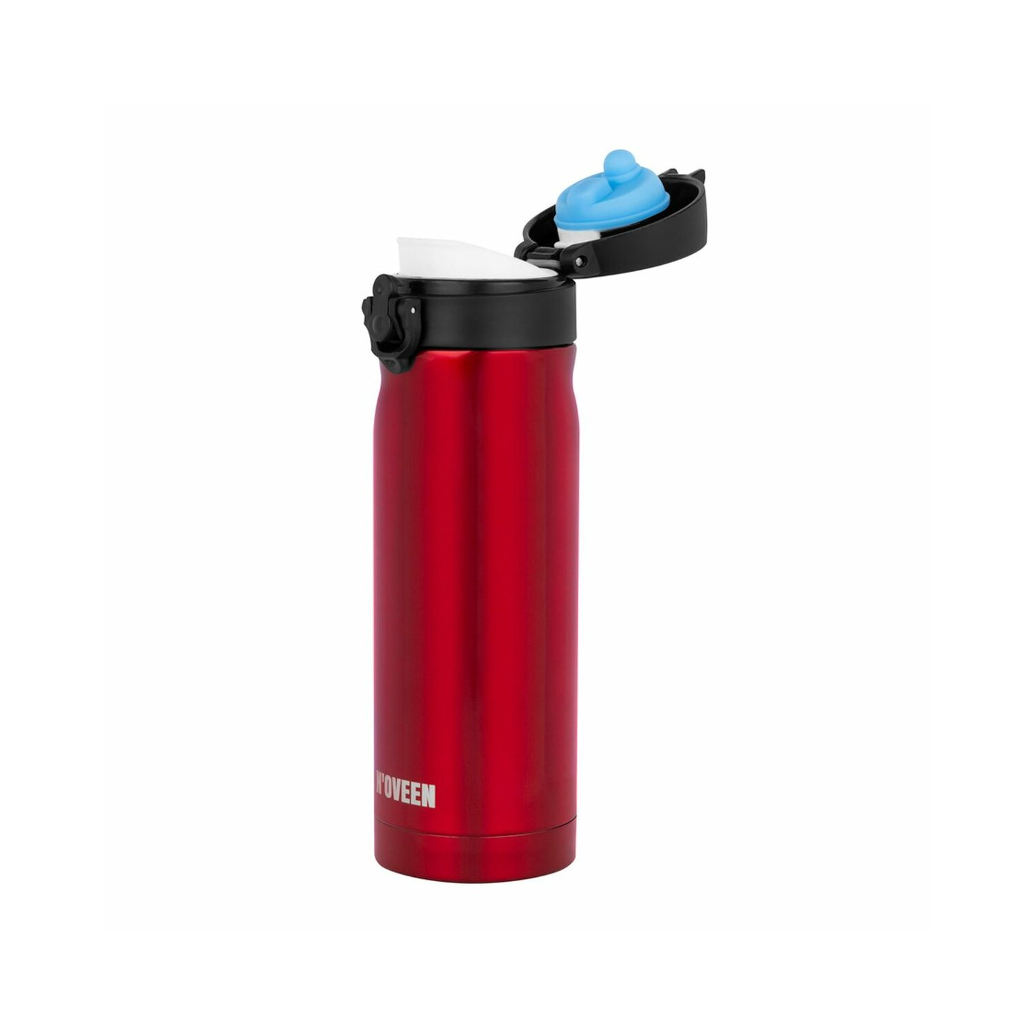Eine rote, metallische Wasserflasche mit schwarzem Deckel und blauem Ausguss.