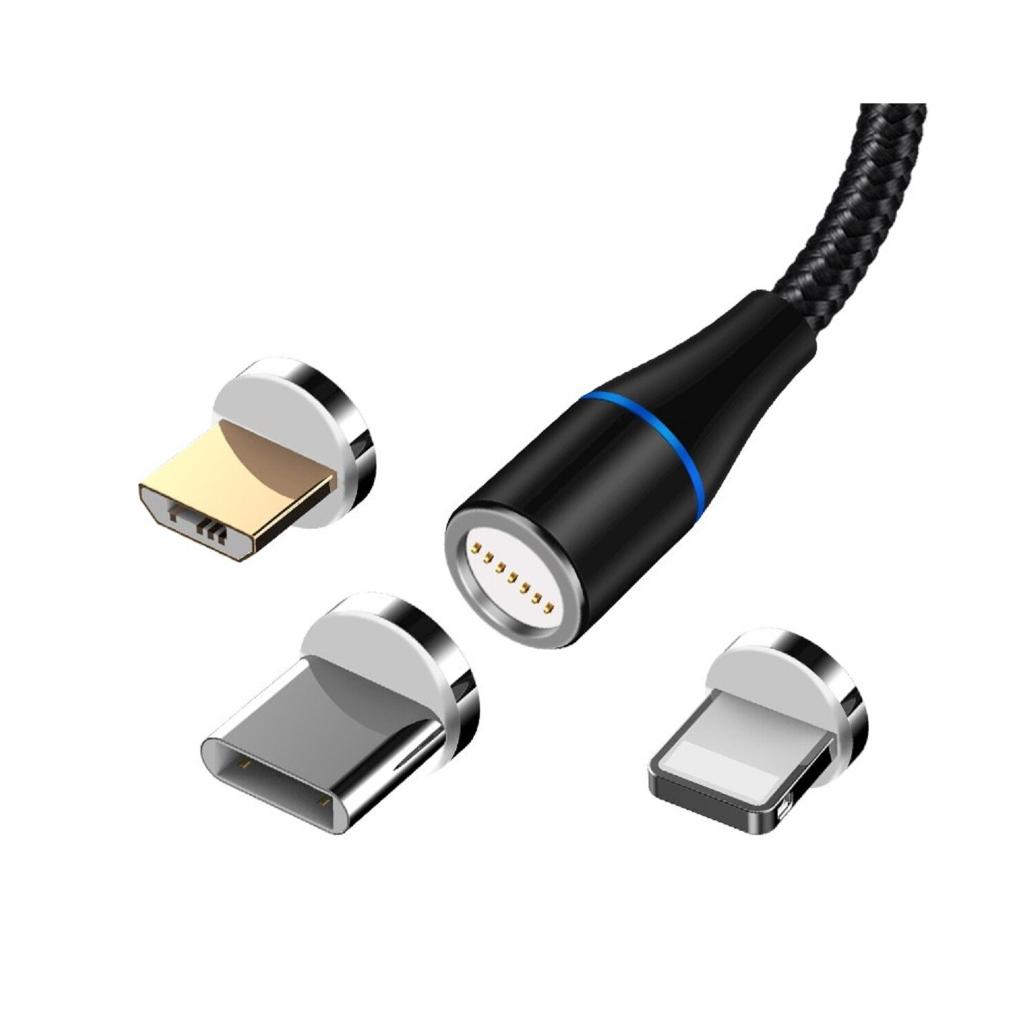 Schwarzes magnetisches Ladekabel mit mehreren Anschlüssen. Verschiedene Anschlüsse für verschiedene Geräte.