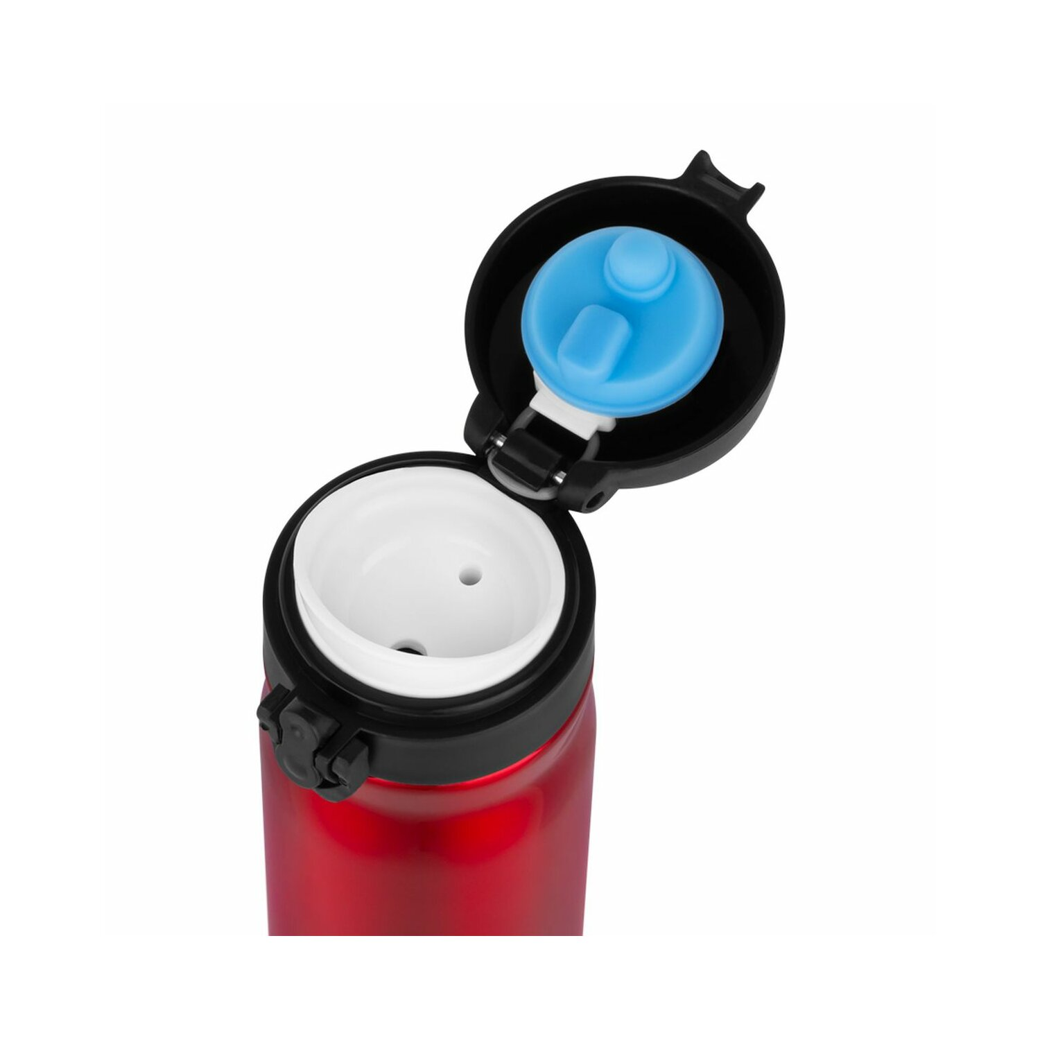 Rote Wasserflasche mit offenem schwarzem Deckel, Innenansicht. Blauer Knopf auf dem Deckel.