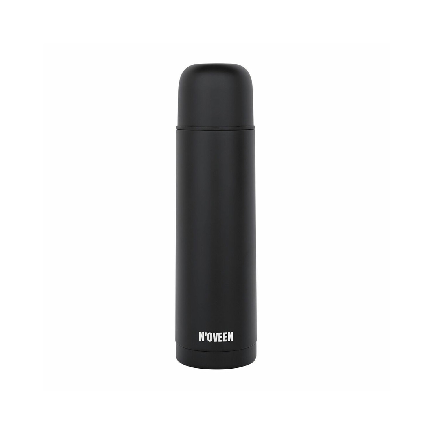 Eine schwarze Thermosflasche mit dem Wort "N'OVEEN" darauf. Der Hintergrund ist weiß.